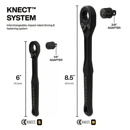 Diagram comparing the 6-inch KNECT S ratchet with 1/4-inch adapter to the 8.5-inch KNECT M ratchet with 3/8-inch adapter.