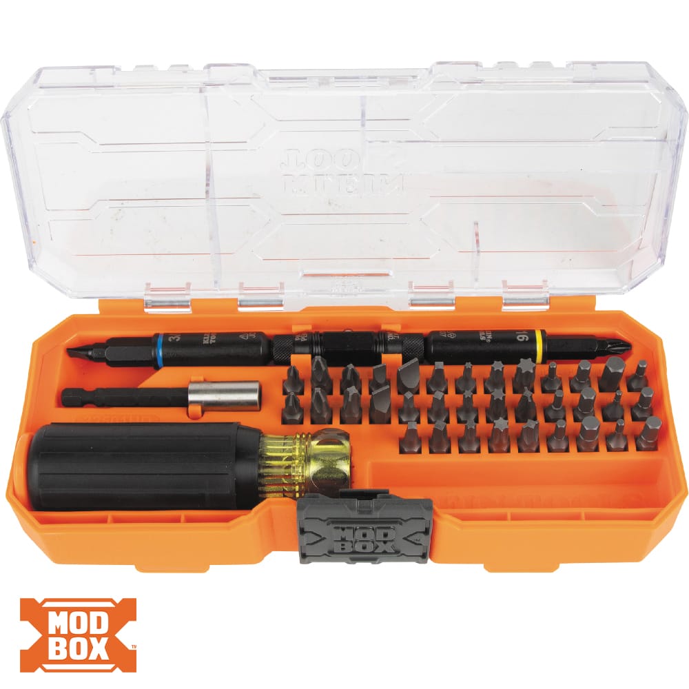 Klein Tools 32501HD 46-piece KNECT multi-bit set in an orange MODbox-compatible case holding driver bits, nut drivers, and Cushion-Grip handle.