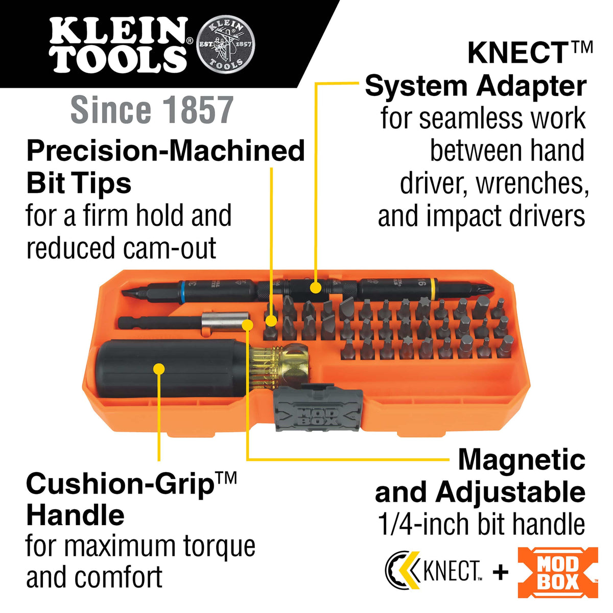 Diagram of the Klein 32501HD set highlighting precision bits to reduce cam-out, Cushion-Grip handle, magnetic holder, and KNECT adapter.