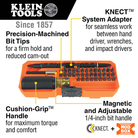 Diagram of the Klein 32501HD set highlighting precision bits to reduce cam-out, Cushion-Grip handle, magnetic holder, and KNECT adapter.