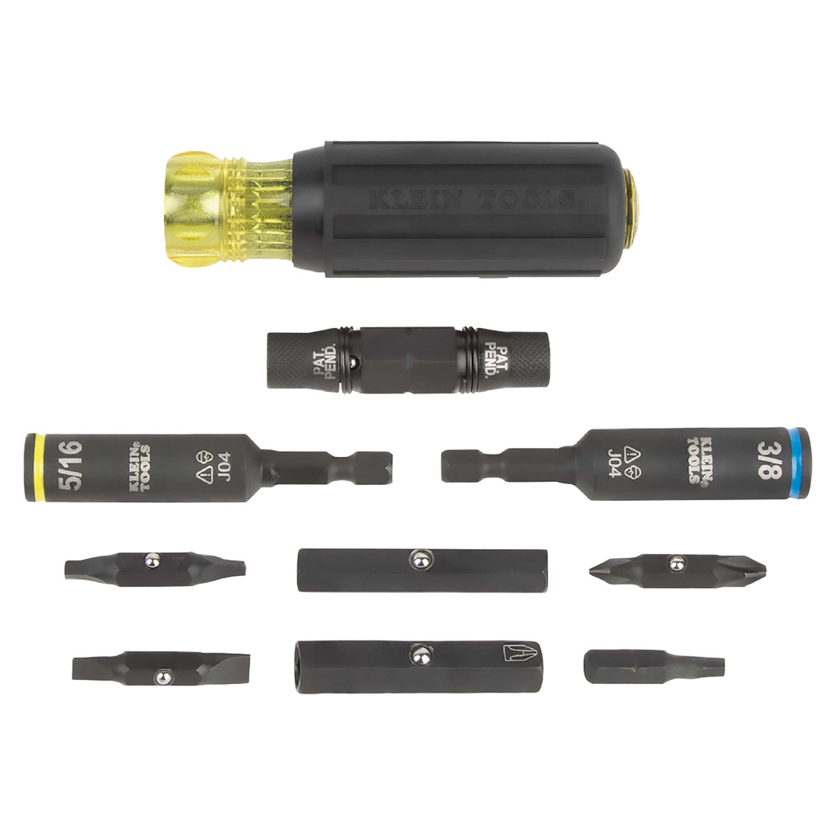 Klein 32501HD set components including Cushion-Grip handle, KNECT adapter, 5/16-inch and 3/8-inch nut drivers, and impact double-ended bits.