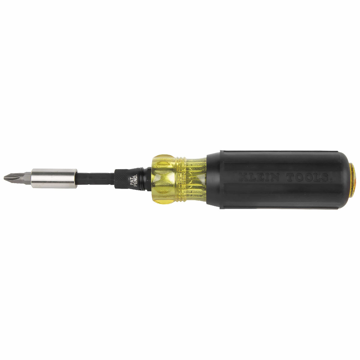 Assembled Klein Tools Cushion-Grip multi-bit screwdriver with KNECT adapter and magnetic 1/4-inch bit holder attachment.