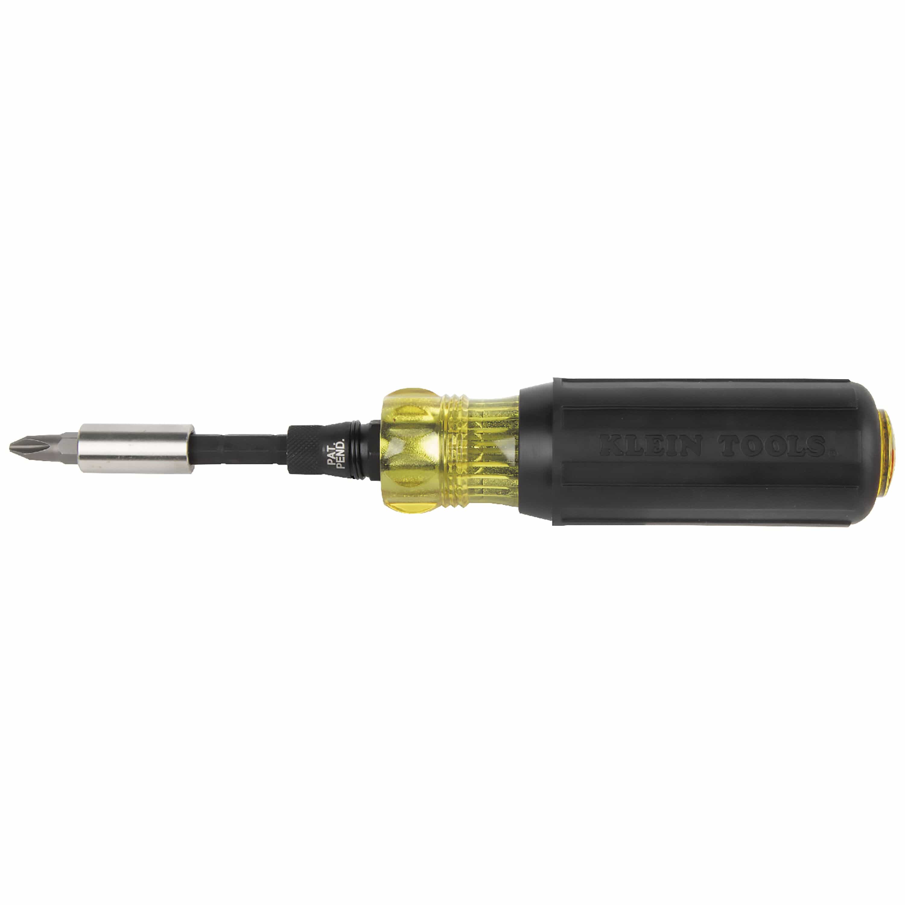 Assembled Klein Tools Cushion-Grip multi-bit screwdriver with KNECT adapter and magnetic 1/4-inch bit holder attachment.