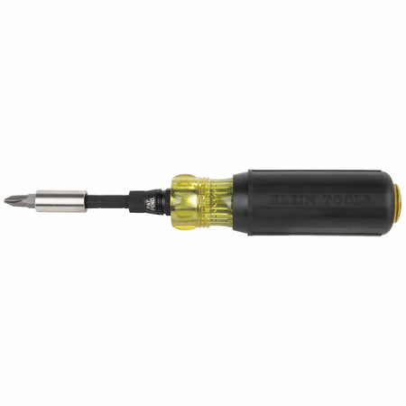 Assembled Klein Tools Cushion-Grip multi-bit screwdriver with KNECT adapter and magnetic 1/4-inch bit holder attachment.