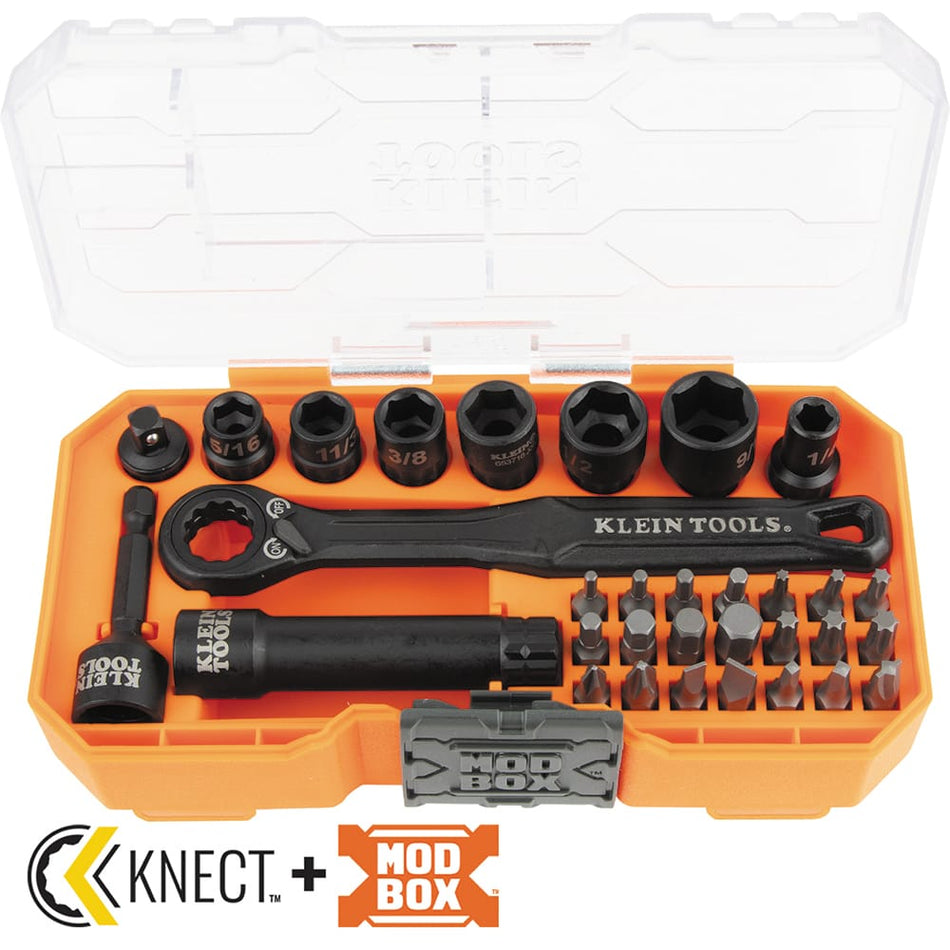 Klein Tools 65300 KNECT 32-piece set in an open orange MODbox case with pass-through sockets, ratchet handle, bits, and impact adapters.