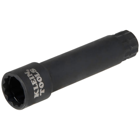 Klein Tools 3/8-inch 6-point impact-rated pass-through socket showing external drive splines and laser-etched size markings.