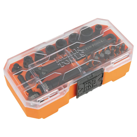 Closed Klein Tools 65300 KNECT pass-through socket set in a compact orange case with a clear lid and MODbox side rail attachment latch.