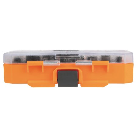 Front view of the closed Klein Tools MODbox-compatible orange storage case with a heavy-duty black locking latch.
