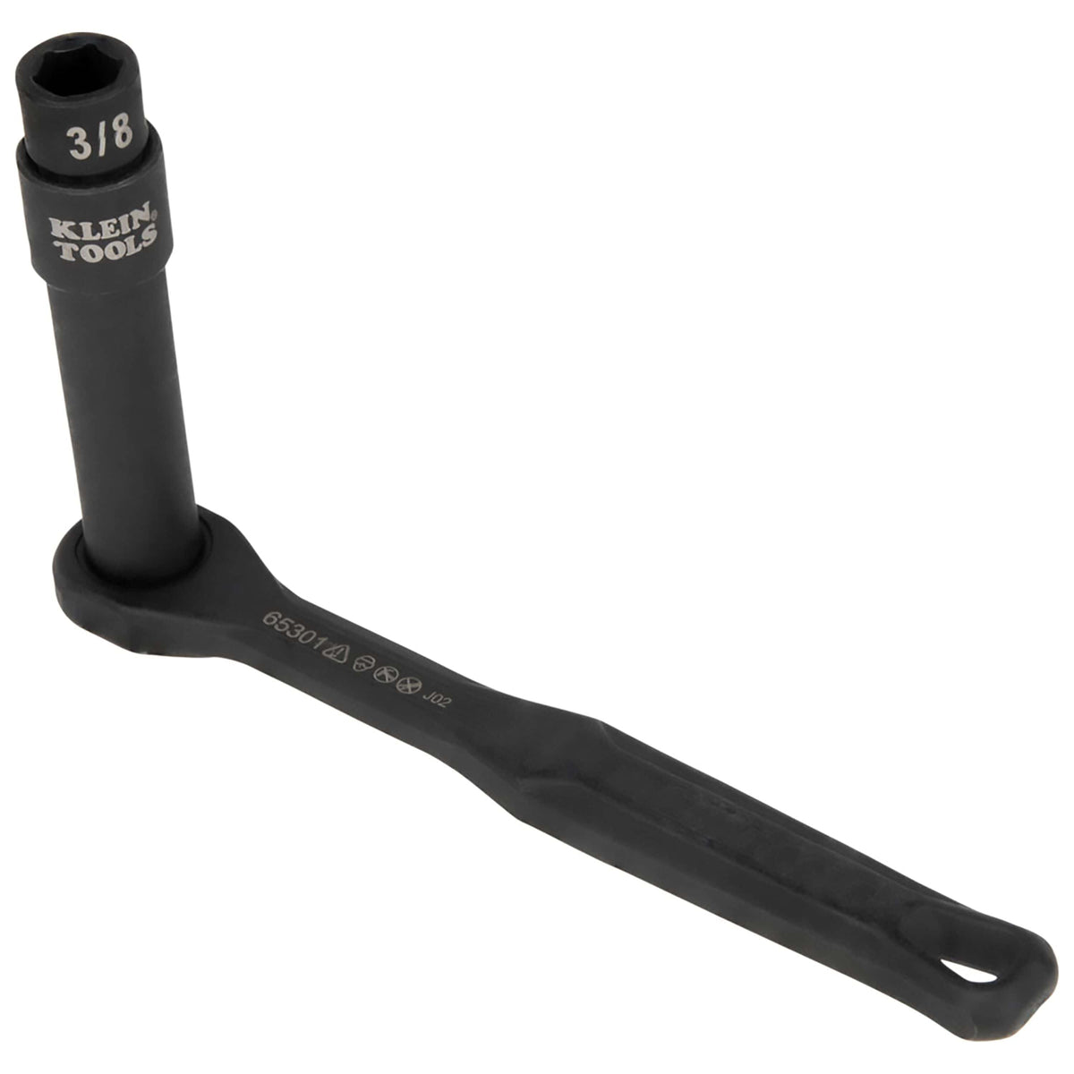Assembled Klein Tools pass-through ratchet wrench fitted with an extended hollow socket for driving hex nuts down long threaded rods.