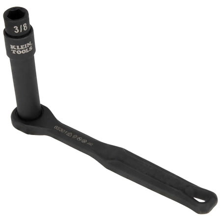 Assembled Klein Tools pass-through ratchet wrench fitted with an extended hollow socket for driving hex nuts down long threaded rods.