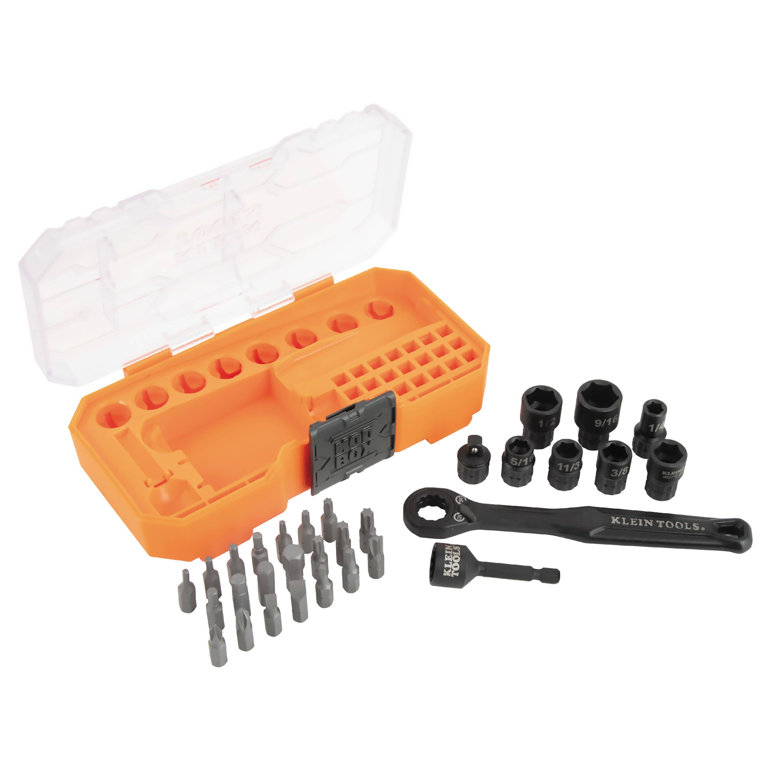 Unboxed Klein Tools 65300 set displaying 7 pass-through sockets, 21 screwdriver bits, ratchet handle, extension, and adapters beside an empty case.