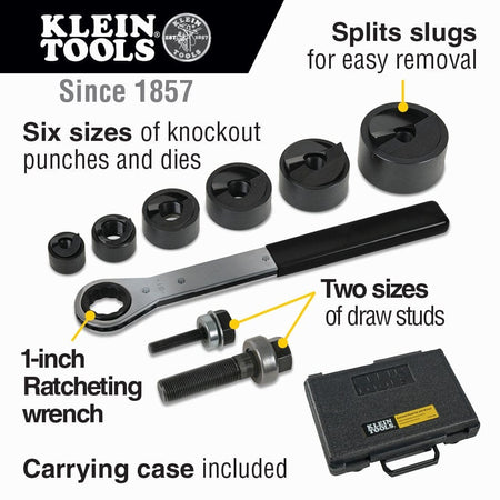 A marketing image showing all components of the Klein knockout punch set, with callouts identifying the six punch sizes, two draw studs, ratcheting wrench, and case.