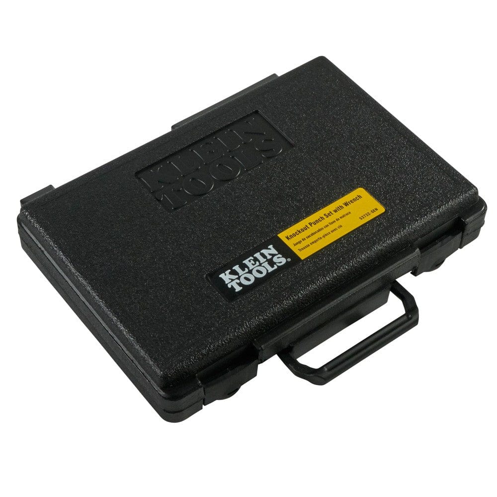 The closed black plastic carrying case for the Klein Tools knockout punch set.