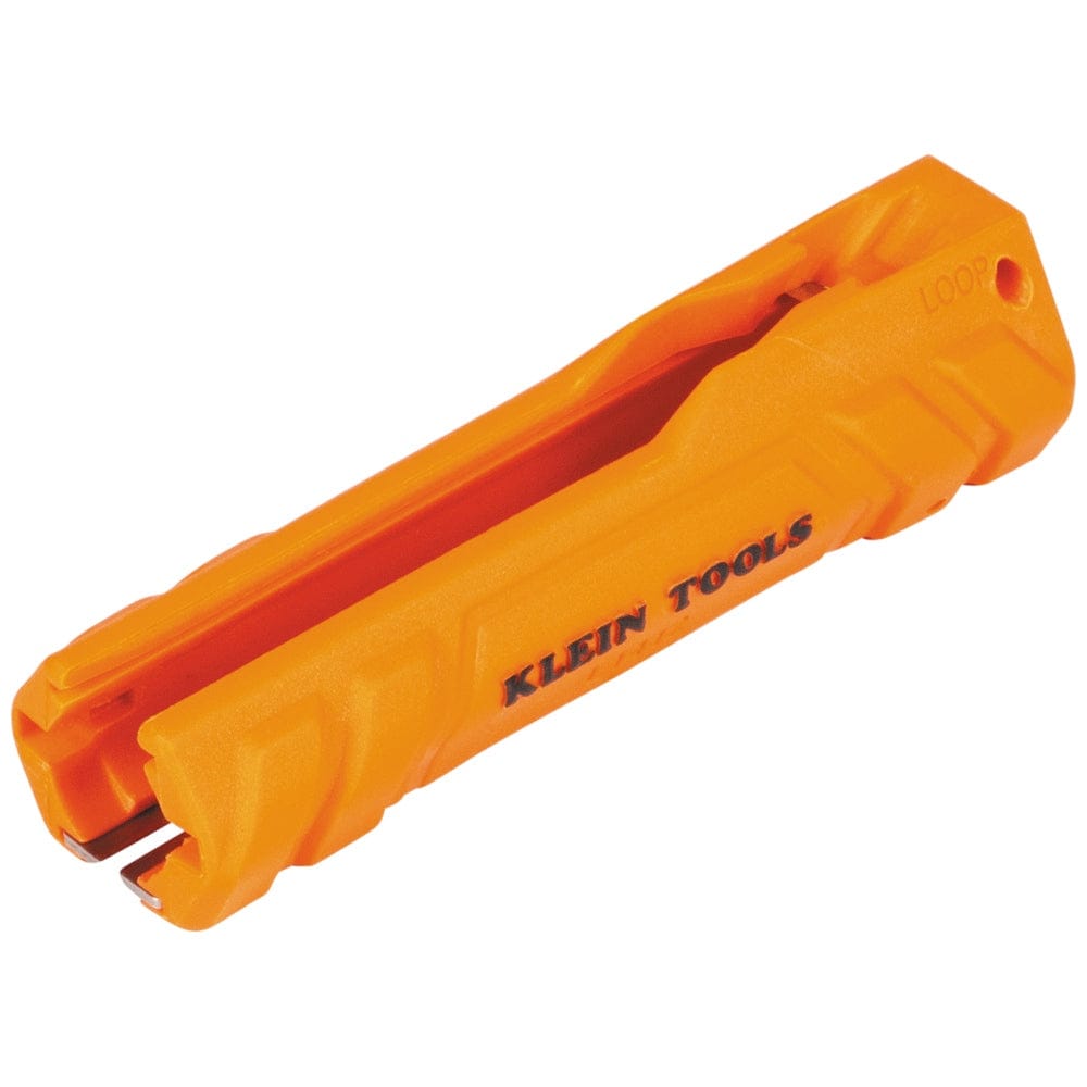 A studio shot of the orange Klein Tools 5-in-1 NM Cable Multi-Tool, showing the central channel for cable ripping and the "KLEIN TOOLS" branding.