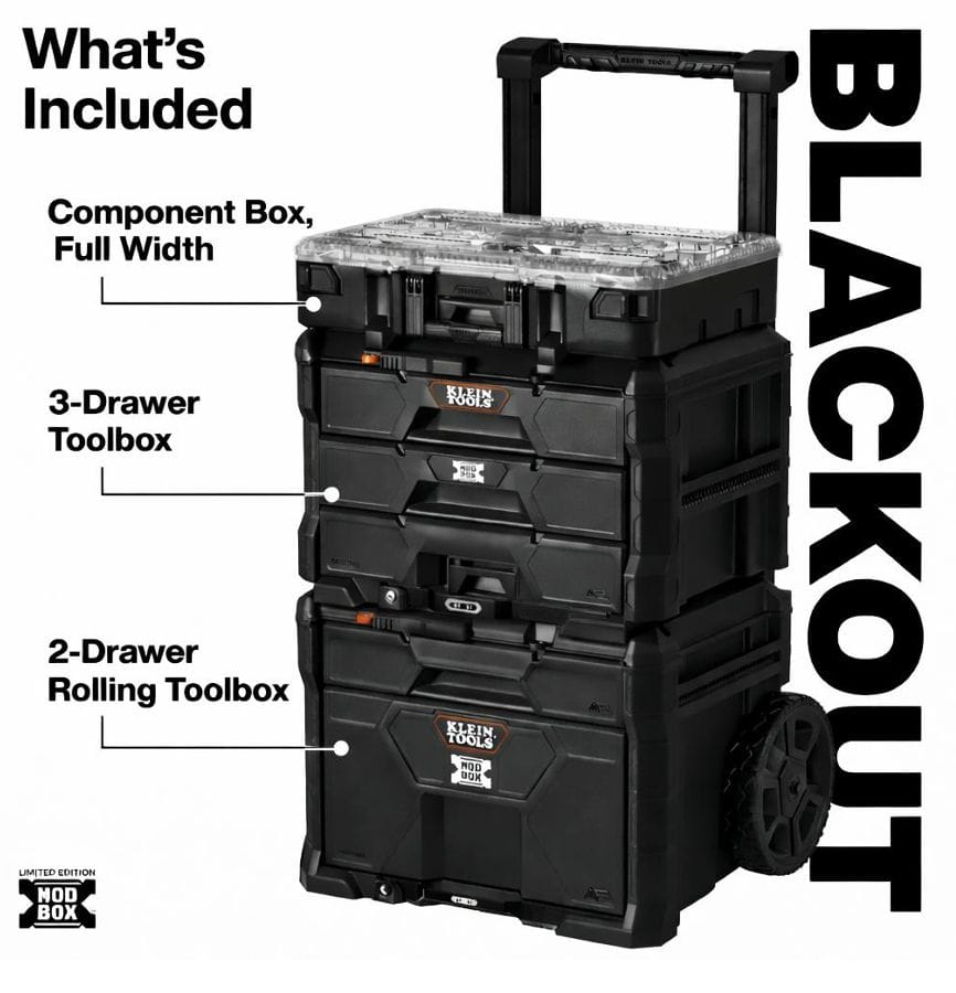 A front studio view of the Klein Tools Limited Edition MODbox Blackout 3-Piece set. The stack includes a 2-drawer rolling toolbox base with heavy-duty wheels and a telescoping handle, a 3-drawer toolbox in the middle, and a full-width component storage box on top, all featuring a sleek professional black-on-black finish.
