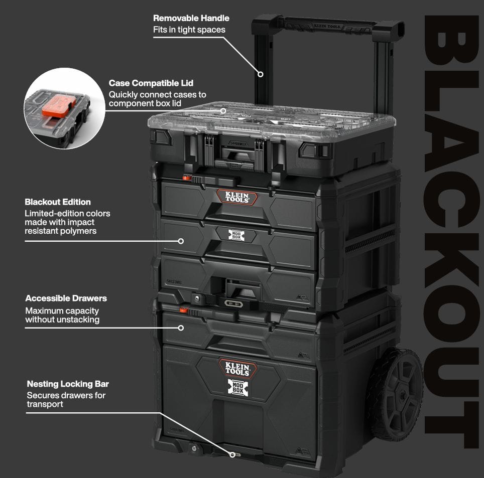 A perspective view of the Klein Tools MODbox Blackout mobile workstation with all drawers and the top component box open. The image demonstrates the organized storage capacity, showing removable dividers in the drawers and the smooth action of the full-extension ball-bearing slides for easy access to tools and hardware.