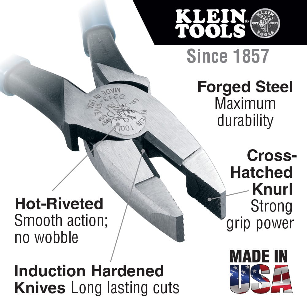 USA-forged steel lineman pliers featuring cross-hatched knurled jaws for slip-free wire grip and induction-hardened knives for durable cuts.