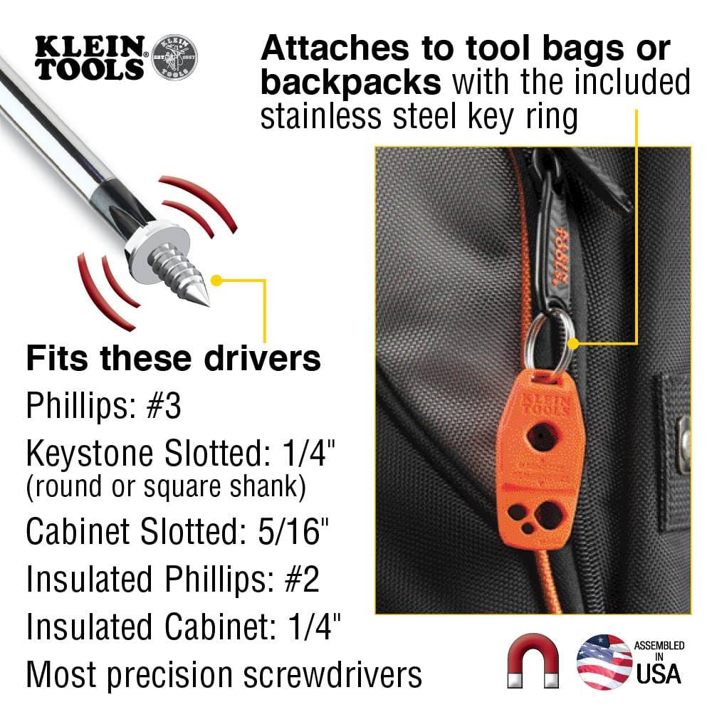 A product graphic showing a magnetized screwdriver tip holding a silver screw; an inset photo shows the orange MAG2 tool conveniently attached to the side of a black tool bag using its integrated key ring.