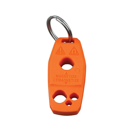 A direct front view of the orange MAG2 tool showing the top attachment point for the stainless steel key ring and the specific hole placements for magnetizing and demagnetizing various tool sizes.