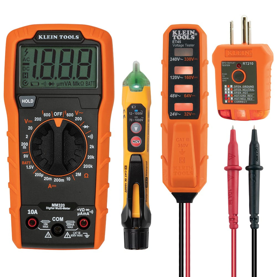 A studio product shot of the Klein Tools MM320KIT comprehensive electrical test kit. The kit includes the MM320 digital multimeter with test leads, the NCVT-3P dual-range non-contact voltage tester with integrated flashlight, the ET45 AC/DC voltage tester, the RT210 GFCI receptacle tester, batteries, and a heavy-duty padded black storage pouch.