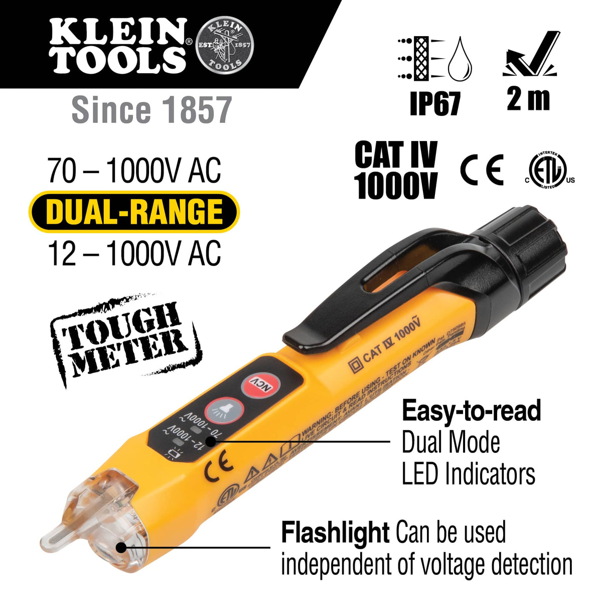 A technical marketing graphic for the Klein Tools NCVT-3P dual-range voltage tester. The image highlights the tool's 12 to 1000V AC and 70 to 1000V AC sensitivity ranges, its "Tough Meter" design with IP67 waterproof rating, and a bright integrated flashlight that can be used independently of voltage detection.