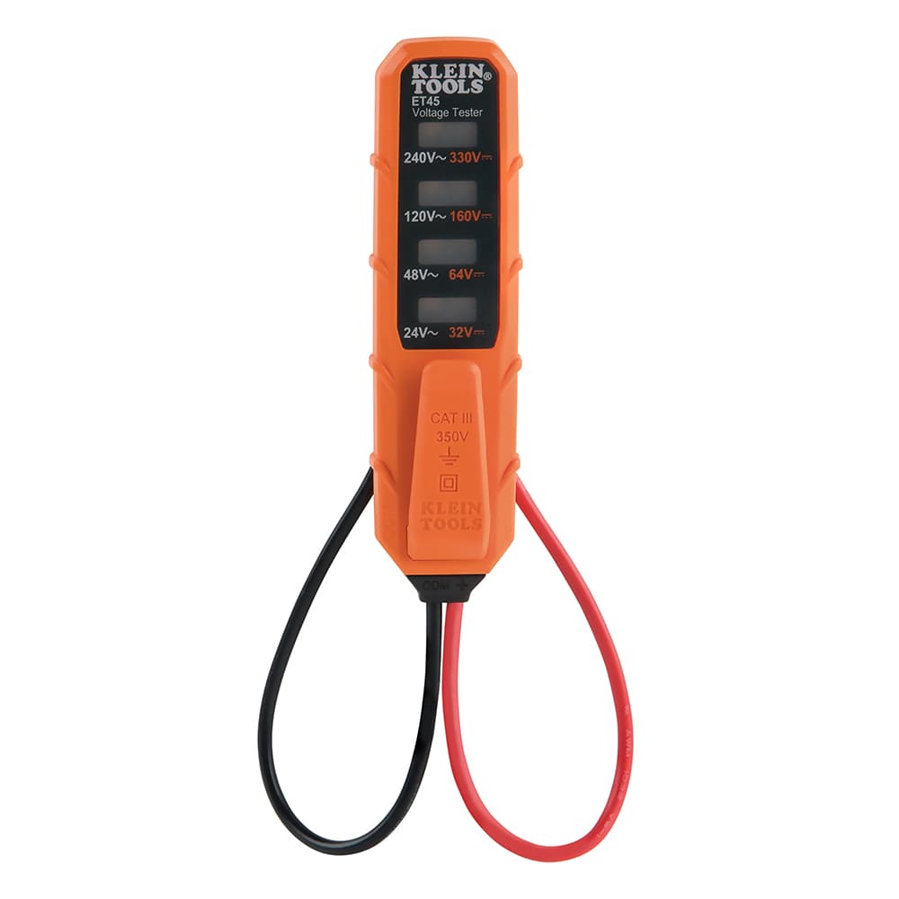 Orange Klein-Tools voltage tester with digital display on a white background