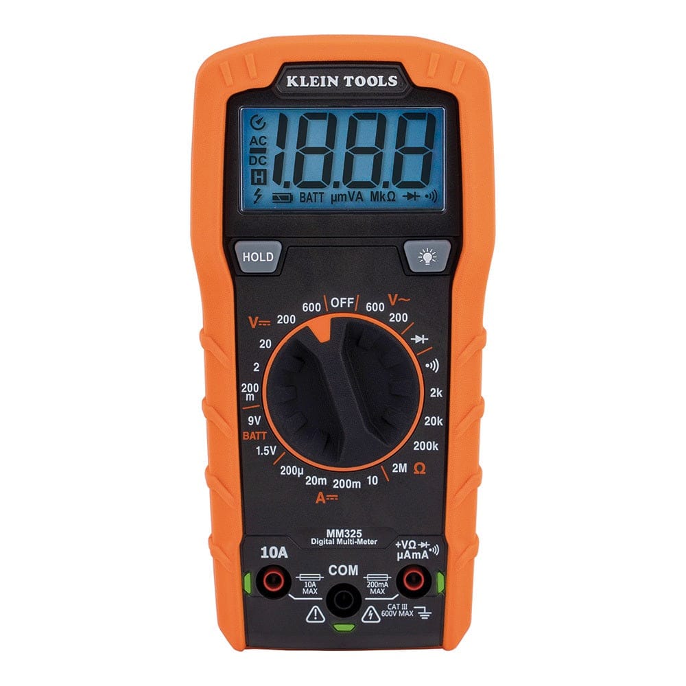 Front view of the Klein Tools MM325 digital multimeter against a white background. The orange and black device features a large digital LCD screen at the top showing a test pattern. Below the screen are grey buttons for data hold and a backlight, a large central rotary selector dial for various testing functions, and three input terminals at the bottom for test leads.