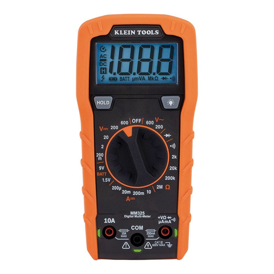 Front view of the Klein Tools MM325 digital multimeter against a white background. The orange and black device features a large digital LCD screen at the top showing a test pattern. Below the screen are grey buttons for data hold and a backlight, a large central rotary selector dial for various testing functions, and three input terminals at the bottom for test leads.