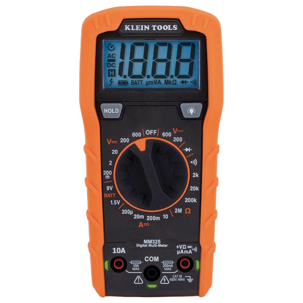 Front-facing studio shot of the MM325 multimeter with the display off, showing the orange housing and black interface. The dial is set to the OFF position, and the CAT III 600V safety rating is visible at the bottom right.