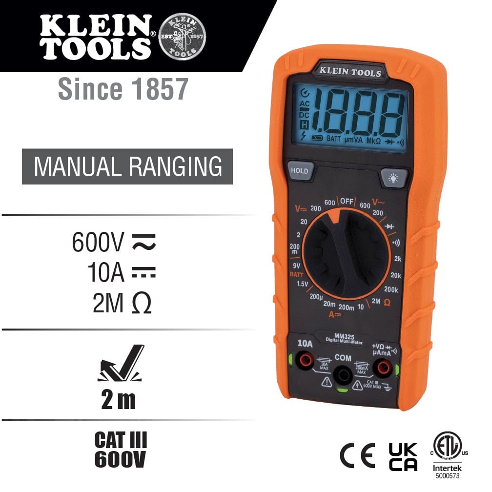 Product infographic featuring the MM325 multimeter with text and icons highlighting its technical capabilities. The graphic specifies manual ranging and lists measurements for 600V AC/DC voltage, 10A DC current, 2M Ohm resistance, 2-meter drop protection, and a CAT III 600V safety rating.