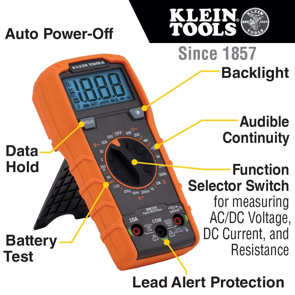 Annotated product graphic showing an angled view of the MM325 multimeter with yellow lines pointing to key features. Labeled features include Auto Power-Off, Backlight, Audible Continuity, Function Selector Switch, Lead Alert Protection, Battery Test, and Data Hold.