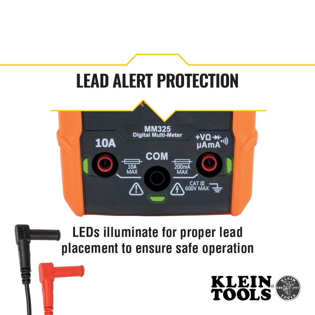 Close-up graphic focusing on the bottom input terminals of the MM325 multimeter titled LEAD ALERT PROTECTION. Two green LEDs are shown illuminating around the 10A and COM terminals to indicate proper lead placement for safe operation.
