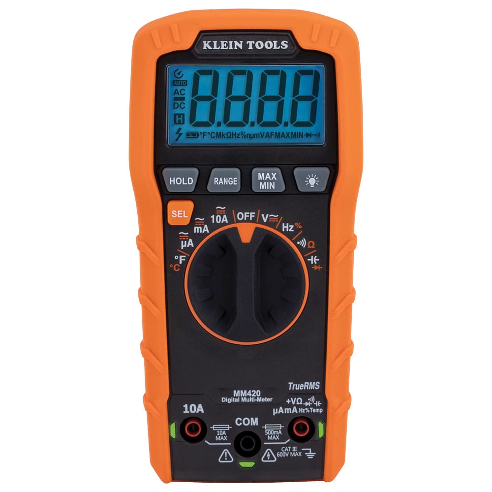 A direct front studio shot of the Klein Tools MM420 digital multimeter. The professional-grade orange and black device features a high-visibility backlit digital LCD, a multi-function rotary selector dial, and four safety-shrouded input ports, including a dedicated 10A current jack and a terminal for temperature and capacitance testing.