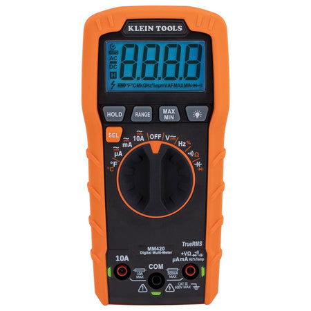 A direct front studio shot of the Klein Tools MM420 digital multimeter. The professional-grade orange and black device features a high-visibility backlit digital LCD, a multi-function rotary selector dial, and four safety-shrouded input ports, including a dedicated 10A current jack and a terminal for temperature and capacitance testing.