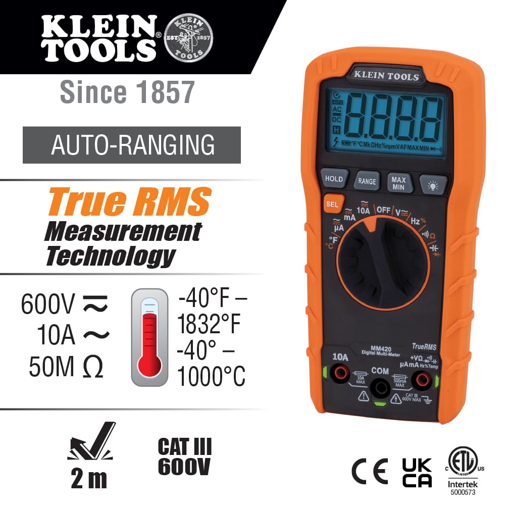 A technical infographic for the Klein Tools MM420 highlighting its primary diagnostic features. Text callouts specify its ability to measure 600V AC/DC voltage, 10A current, and 50M Ohms resistance, alongside temperature measurements up to 1832 degrees Fahrenheit. Technical icons confirm a 2-meter drop protection and CAT III 600V safety rating.