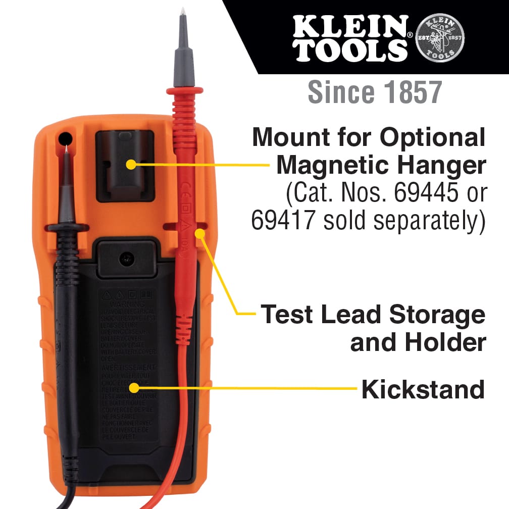 A technical infographic showing the MM420's intelligent interface. The graphic highlights the high-visibility backlit LCD, the Lead Alert safety system that illuminates the correct input jack, the auto-ranging rotary dial with a manual override option, and the integrated auto power-off function to conserve battery life.