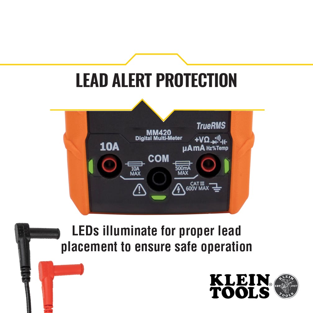 Close-up detail of the MM420 Lead Alert Protection technology. Green LEDs illuminate above the input jacks to guide the user on proper test lead placement, ensuring safe operation and preventing blown fuses or equipment damage.