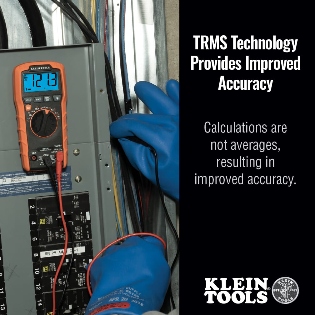 The Klein Tools MM420 being used by an electrician in a professional setting to measure voltage in an electrical panel. The text emphasizes TRMS True RMS technology for improved accuracy when measuring non-linear loads and complex waveforms.