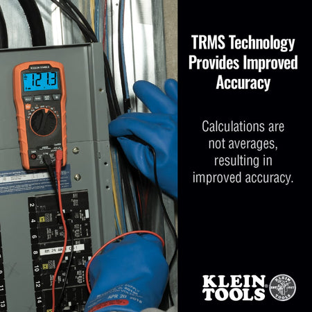 The Klein Tools MM420 being used by an electrician in a professional setting to measure voltage in an electrical panel. The text emphasizes TRMS True RMS technology for improved accuracy when measuring non-linear loads and complex waveforms.
