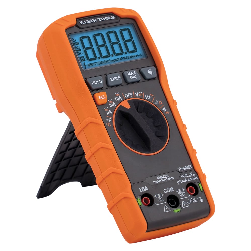 Angled profile of the MM420 Digital Multimeter with the kickstand deployed, demonstrating the ergonomic design and easy-to-read display angle for benchtop or field electrical testing.