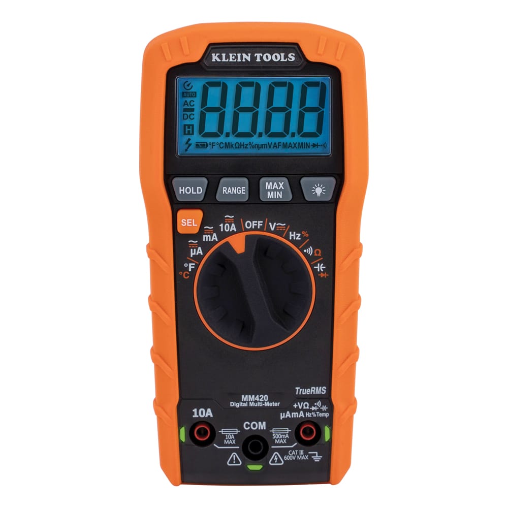 Full-frame front shot of the Klein Tools MM420 auto-ranging multimeter. The large digital display shows all segments active, emphasizing the variety of measurement modes including frequency, duty cycle, capacitance, and diode test.