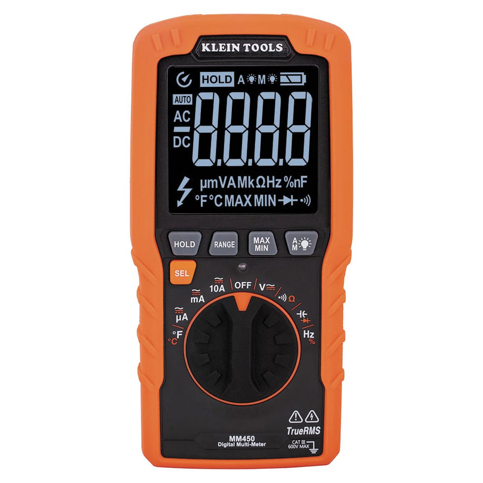 Klein Tools MM450 Slim Digital Multimeter TRMS Auto‑Ranging 600V AC DC Voltage Tester with large digital display, rotary dial, and function buttons for measuring AC/DC voltage, current, resistance, capacitance, frequency, and temperature.