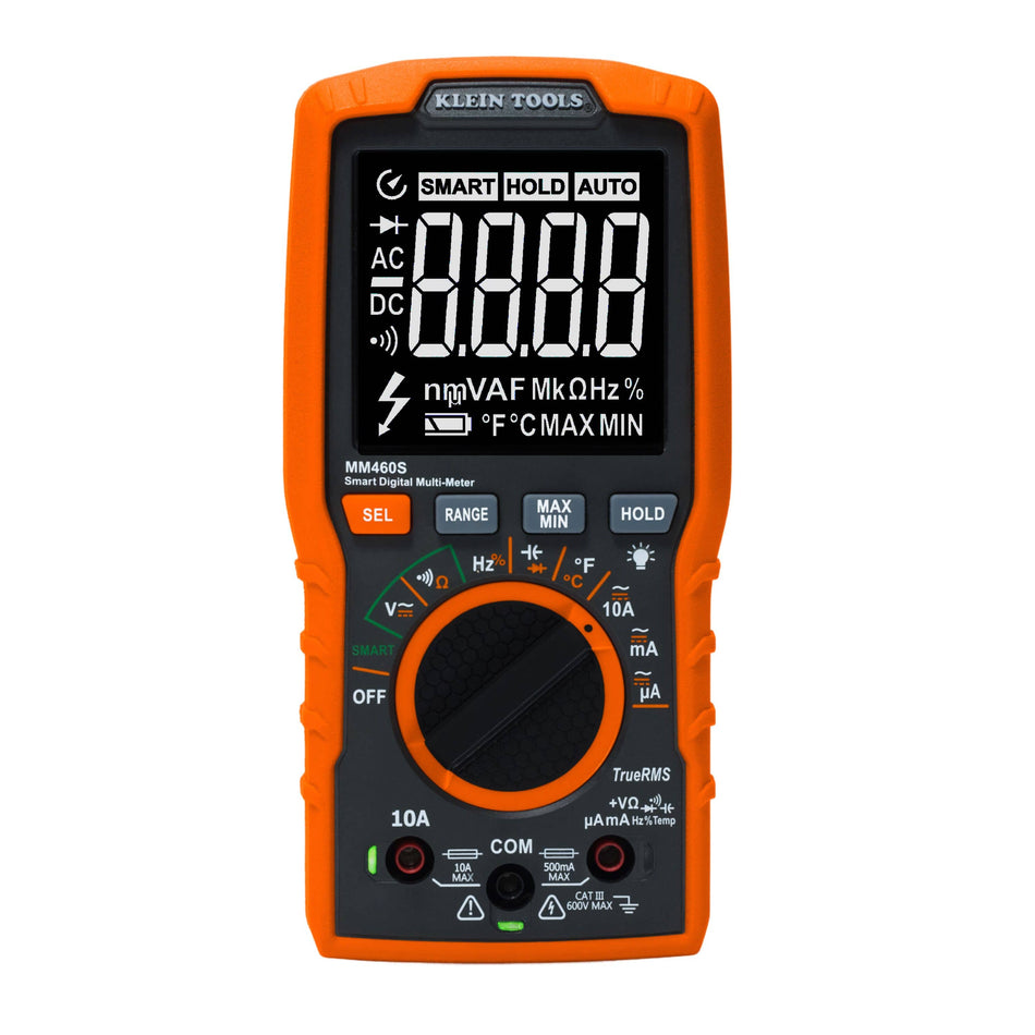 A studio product view of the Klein Tools MM460S Smart Digital Multimeter. The orange and black handheld electrical tester features a high-visibility reverse contrast LCD screen, a professional selection dial with a Smart Mode setting, and integrated input ports for measuring voltage, current, and resistance.