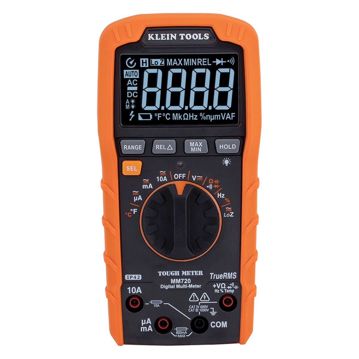 A direct front studio shot of the Klein Tools MM720 digital multimeter. The professional-grade orange and black device features a large backlit reverse contrast LCD, a multi-function rotary selector dial, and dedicated tactile buttons for range, relative, max/min, and data hold functions.