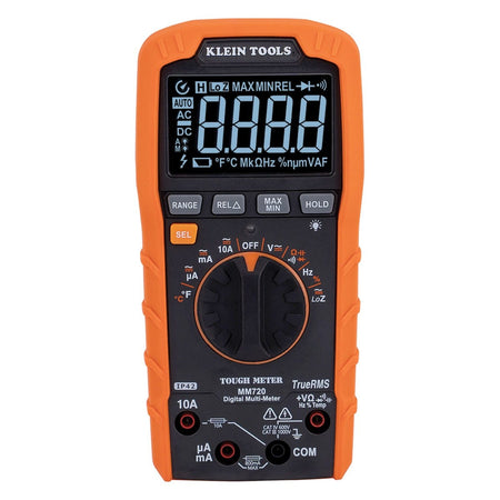 A direct front studio shot of the Klein Tools MM720 digital multimeter. The professional-grade orange and black device features a large backlit reverse contrast LCD, a multi-function rotary selector dial, and dedicated tactile buttons for range, relative, max/min, and data hold functions.