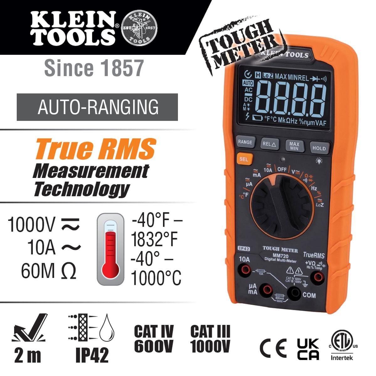A product infographic for the Klein Tools MM720 highlighting its advanced diagnostic sensing. Text callouts detail its ability to measure 1000V AC/DC, 10A current, and 60M Ohms resistance, alongside temperature measurements up to 1832 degrees Fahrenheit. Technical icons confirm a 2-meter drop protection and IP42 rating.