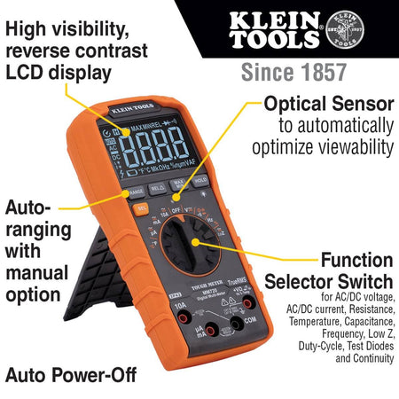 A technical infographic showing the MM720's intelligent interface. The graphic highlights the high-visibility reverse contrast LCD, the integrated optical sensor for automatic brightness adjustment, the auto-ranging dial with manual override, and the Low Impedance (LoZ) mode for ghost voltage elimination.