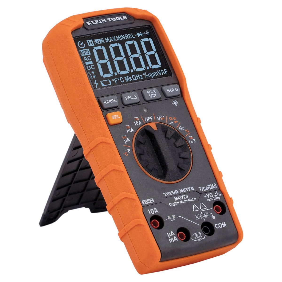 An angled perspective shot of the MM720 multimeter with its heavy-duty kickstand deployed. The high-contrast reverse LCD is clearly visible, emphasizing the tool's rugged industrial design and ease of use in professional field environments.