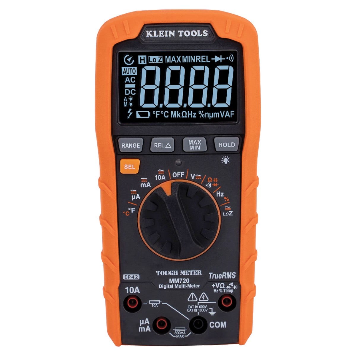 A high-resolution front shot of the Klein Tools MM720 TRMS multimeter focusing on the connection ports. The image displays the four safety-shrouded input jacks for 10A current, milliamp/microamp sensing, common ground, and voltage/resistance/temperature testing.