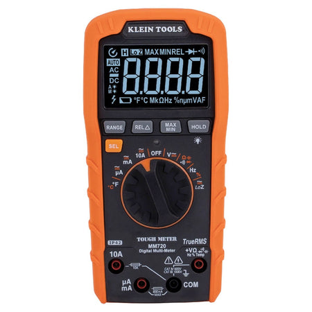 A high-resolution front shot of the Klein Tools MM720 TRMS multimeter focusing on the connection ports. The image displays the four safety-shrouded input jacks for 10A current, milliamp/microamp sensing, common ground, and voltage/resistance/temperature testing.